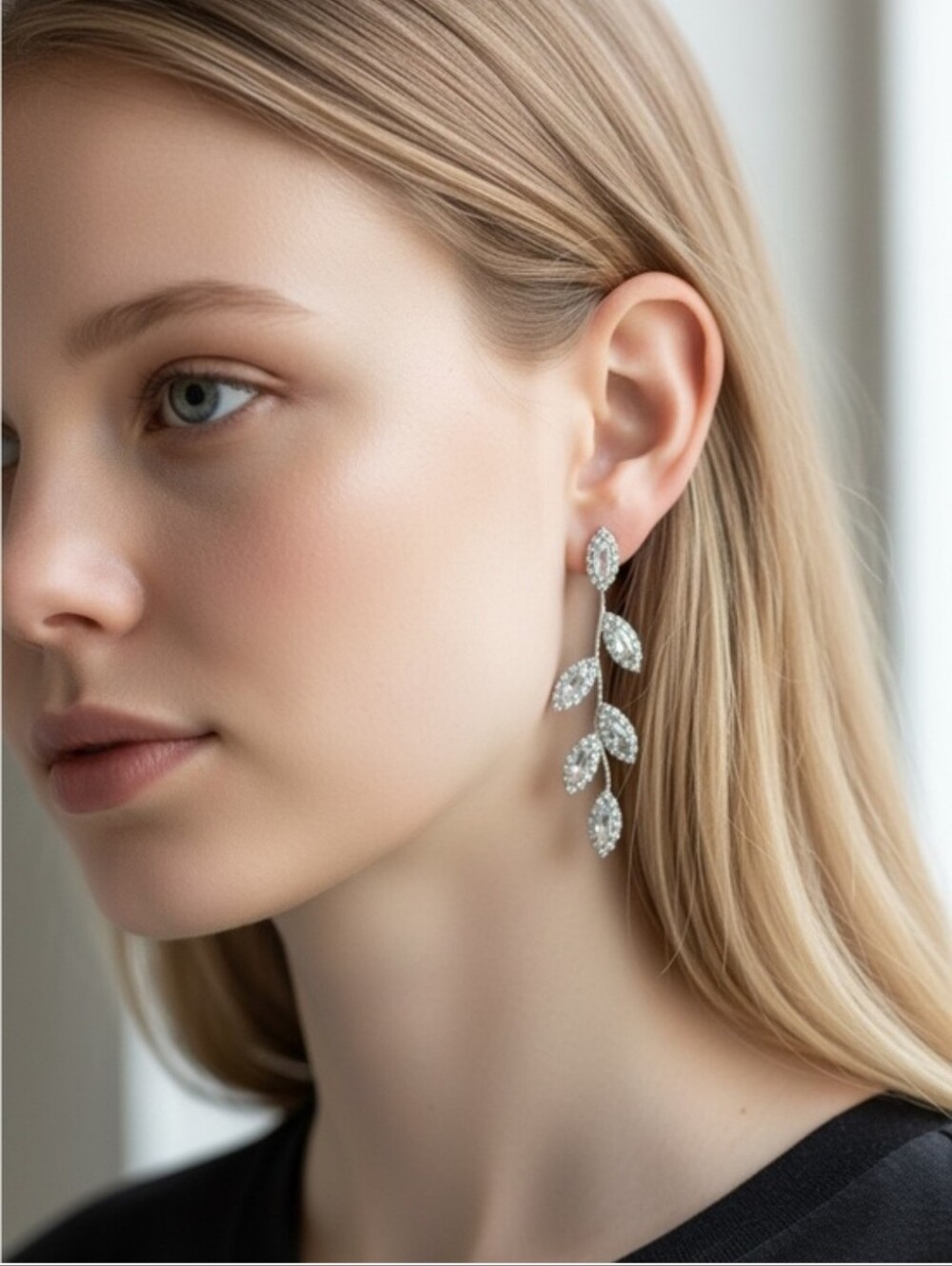 Silver Leaf Drop Earrings - Sparkling Crystal Dangle